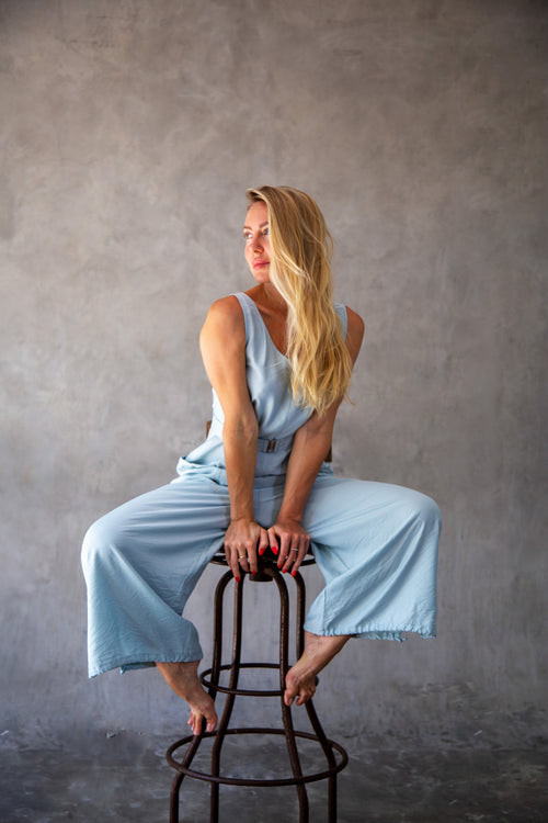 Elegant sky blue convertible palazzo jumpsuit with relaxed silhouette
