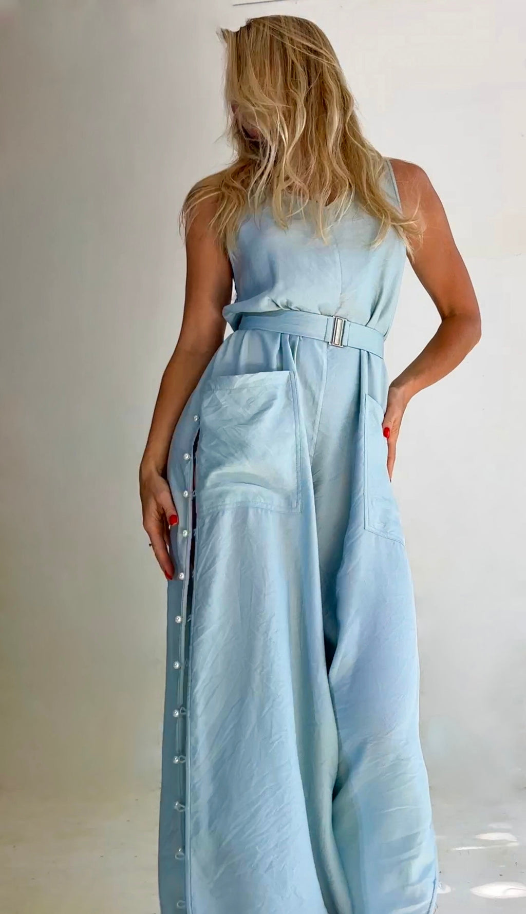 Luxury sky blue palazzo jumpsuit with soft waist draping