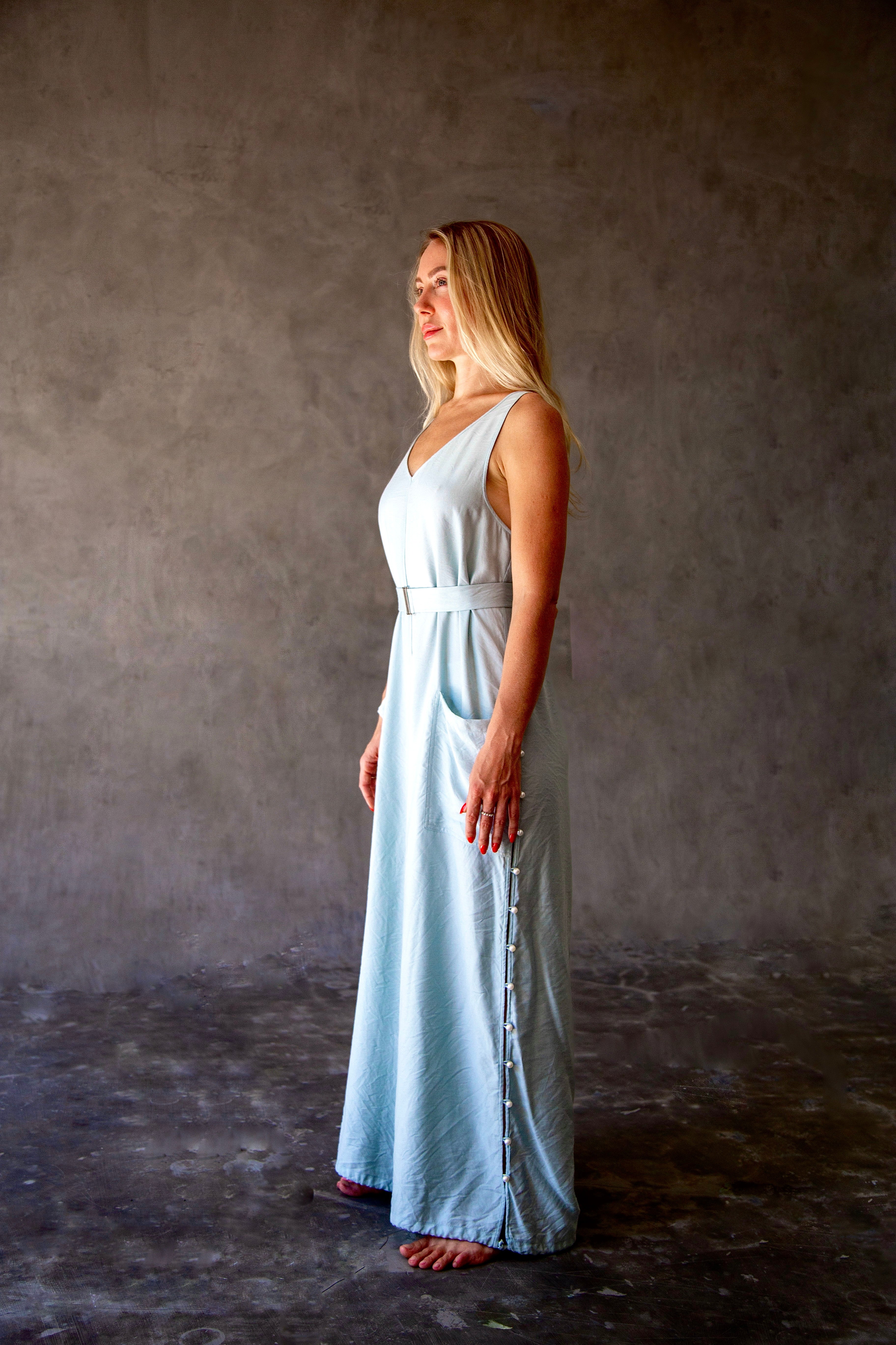 Wide leg sky blue jumpsuit with elegant evening styling